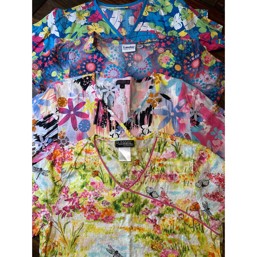 Women's Small Scrub Tops WonderWink Landau Cherokee Floral Tropical Lot of 4